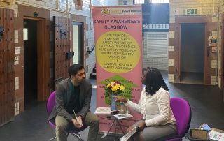 Humza Yousaf MSP speaking with founder of Safety Awareness Glasgow