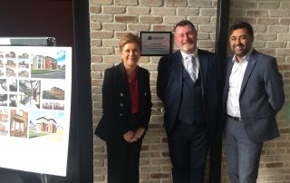 Humza Yousaf MSP with First Minister Nicola Sturgeon, and Linthouse Chairperson Alec at the Linthouse opening of their new Cromdale houses.